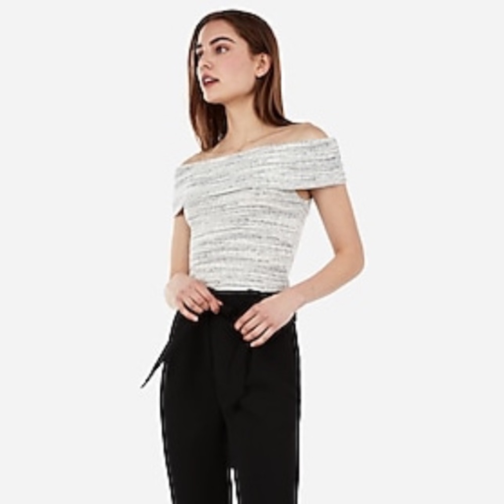 Express White and Gray Off-Shoulder Short Sleeve Top